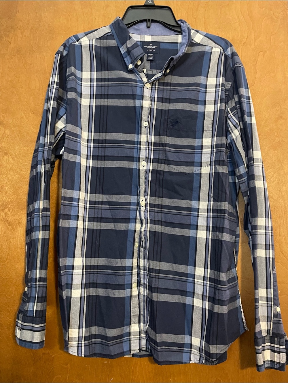 American Eagle Men's Blue Plaid Button-Down Shirt